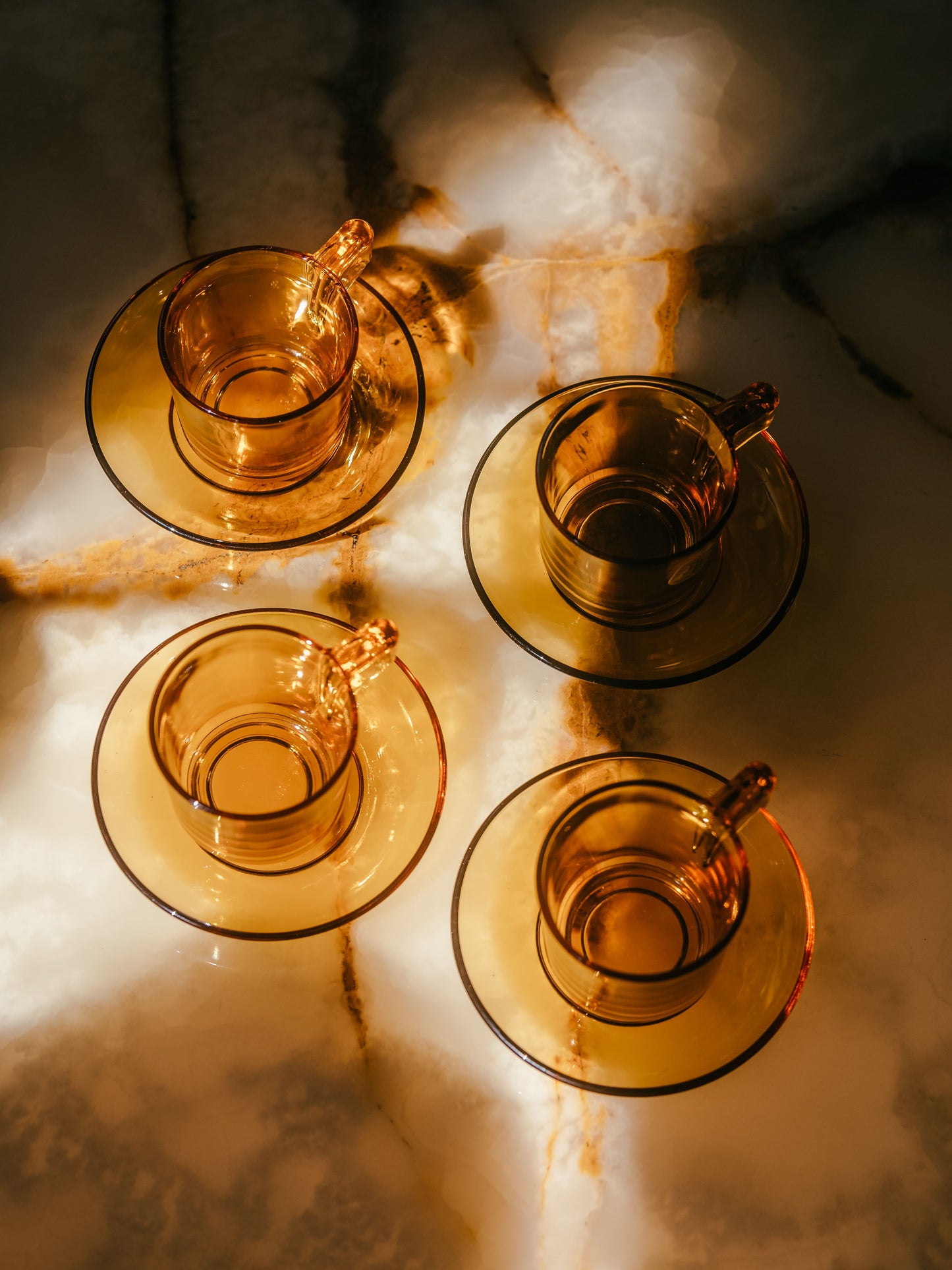 F & P - AMBER GLASS ESPRESSO CUP AND SAUCER - 4 PIECES - ITALY - 1950'S
