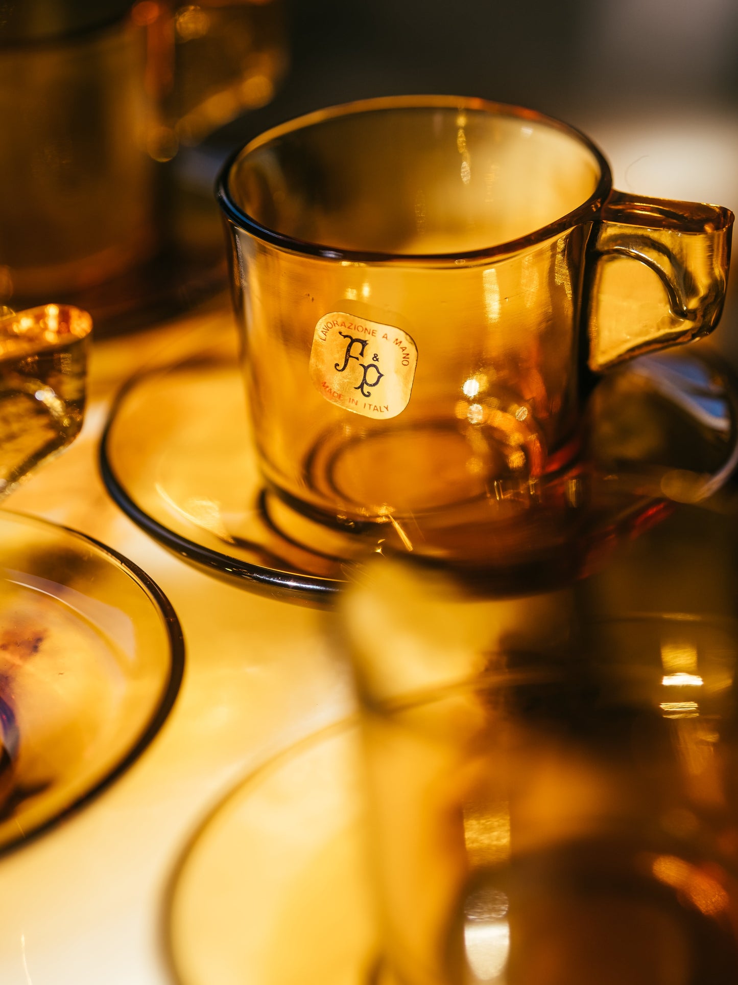 F & P - AMBER GLASS ESPRESSO CUP AND SAUCER - 4 PIECES - ITALY - 1950'S