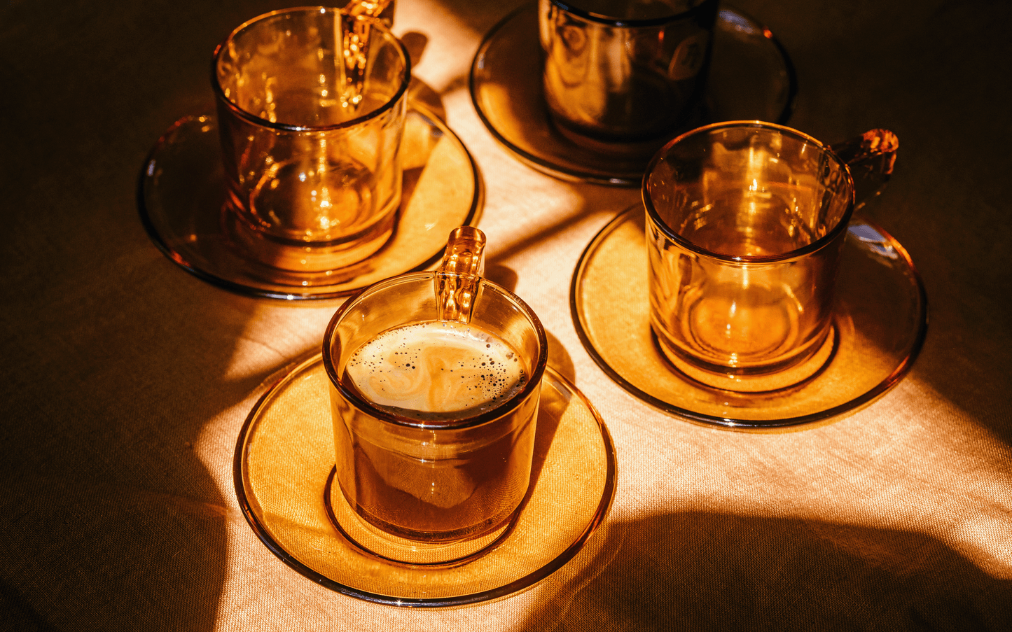 F & P - AMBER GLASS ESPRESSO CUP AND SAUCER - 4 PIECES - ITALY - 1950'S